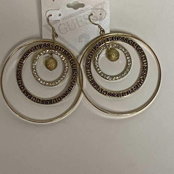 Gold-Tone Guess Triple Circle Drop‎ Earrings With Rhinestones NWT - Picture 2 of 4